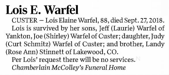 Lois Elaine Warfel obituary